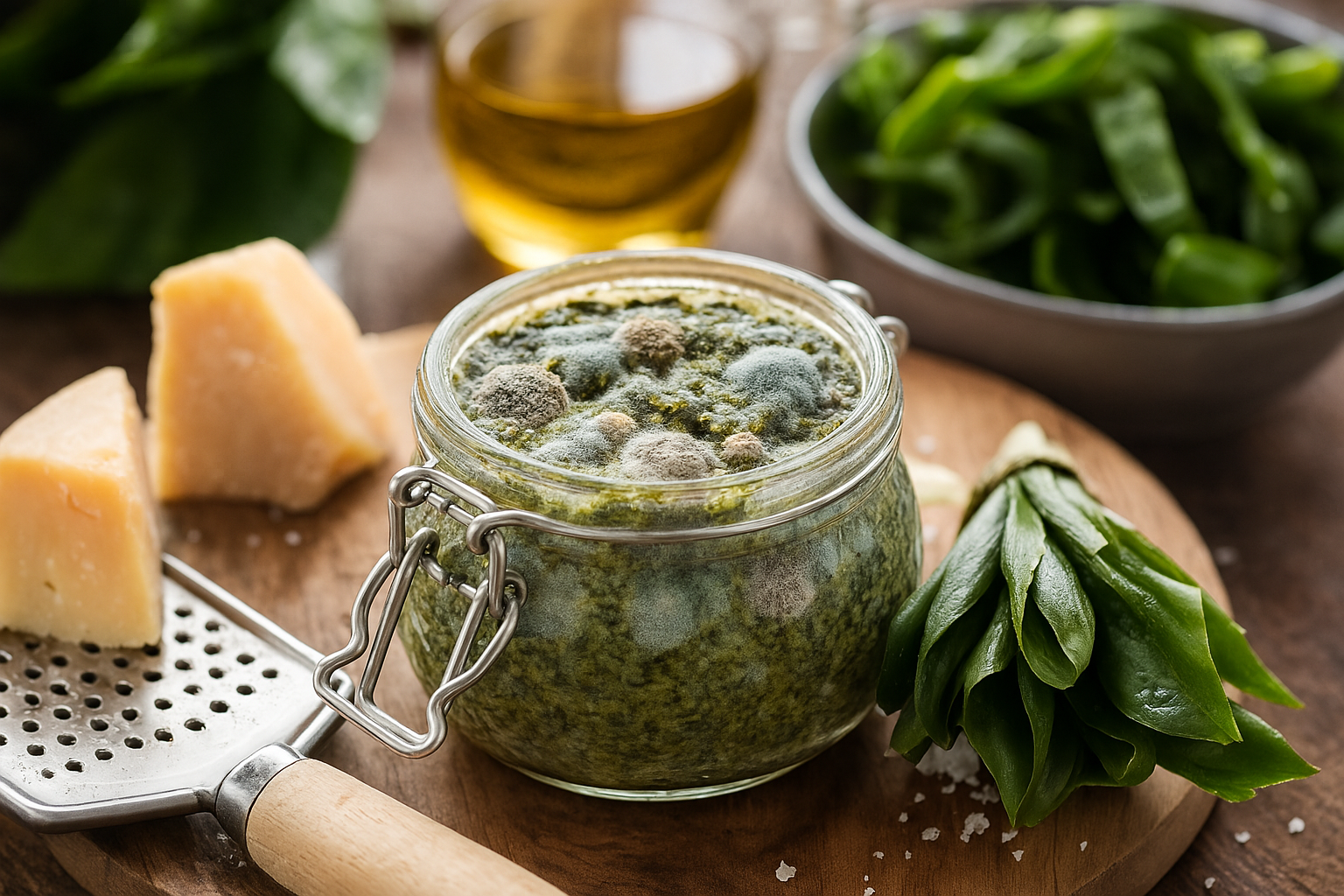 Pesto andato a male con muffa e scolorimento